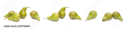 Panoramic view of the pears on a white background. Composition of pears on a white background.