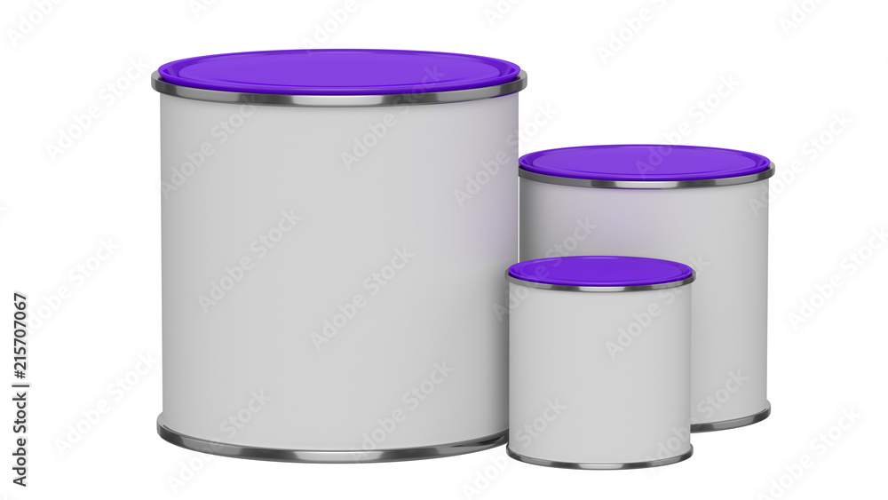 3D realistic render. Composition of three isolated paint can with purple lid. Big, medium and small. Design template. 3D realistic render. Composition of three isolated paint can with purple lid. Big, medium and small. Design template.