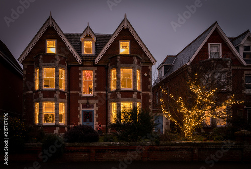 Victorian house lit up with Christmas decoration