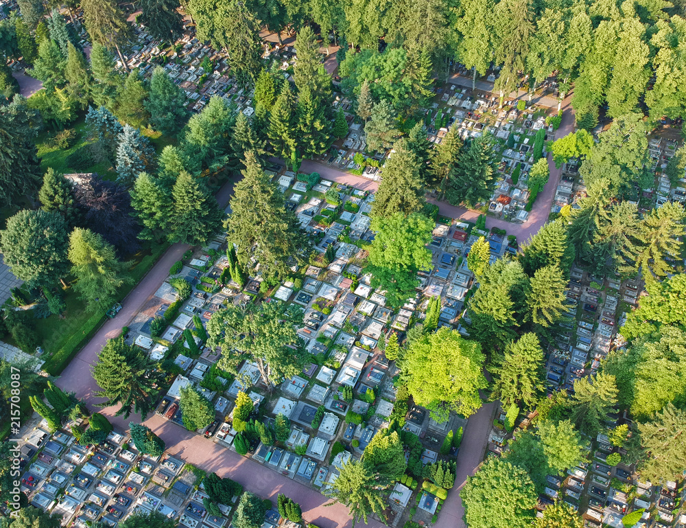 Aerial view on big cemetery many tombstones and trees