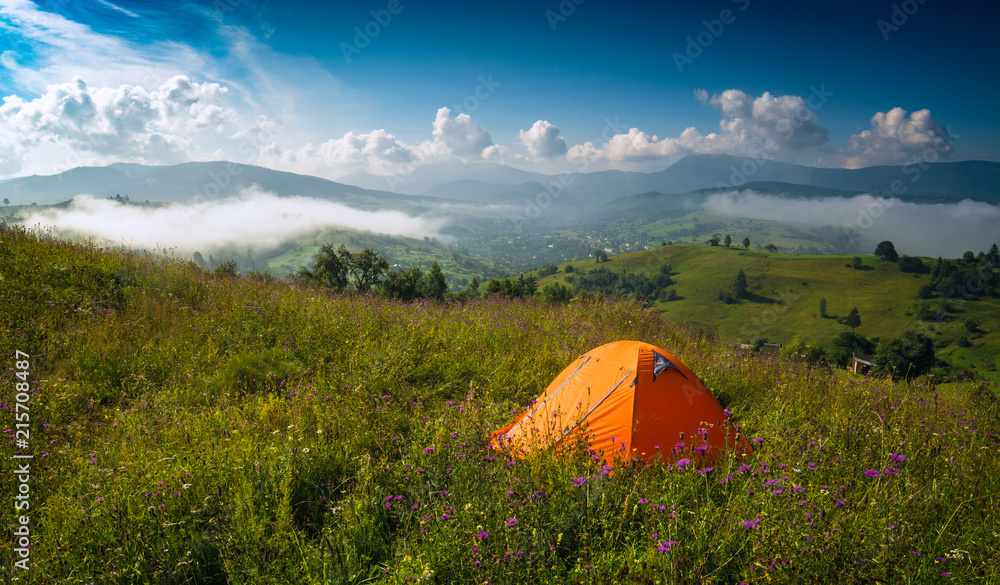 Travel camping tent on a summer meadow