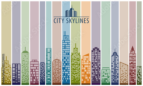 Modern city skyline colored, building silhouette in night time.