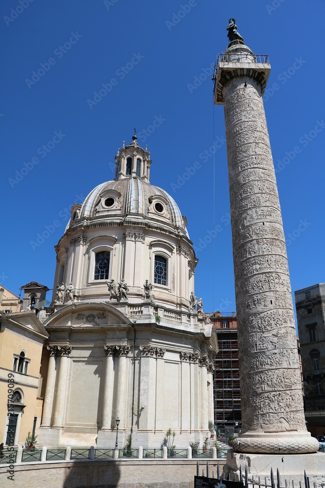 Church Santissimo Nome di Maria al Foro Traiano and Trajan's Column in Rome, Italy 