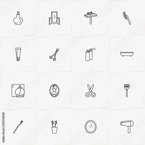 Bathroom line icon set with spray, teeth brush and mirror