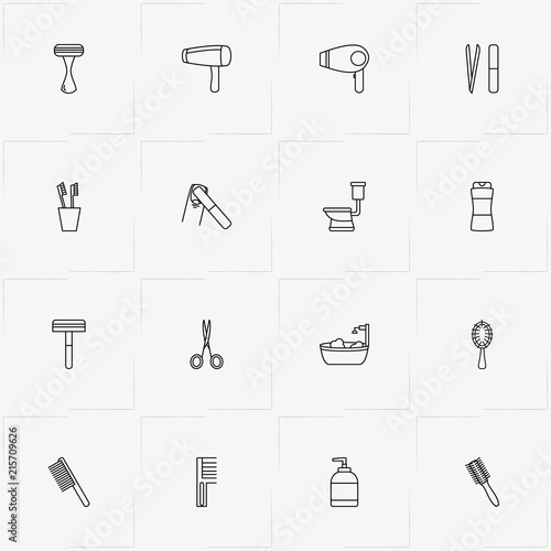 Bathroom line icon set with hair dryer, nail file and razor