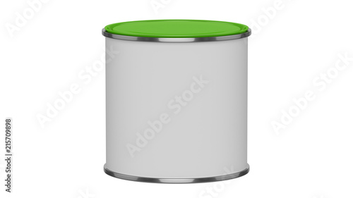 3D realistic render. Composition of single isolated paint can with green lid. Design template.