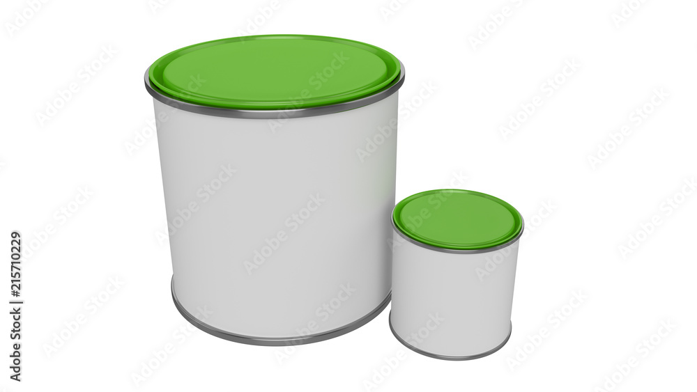 3D realistic render. Composition of two isolated paint can with green lid. Big and small. Design template. 3D realistic render. Composition of two isolated paint can with green lid. Big and small. Design template.