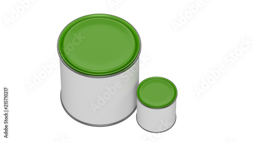 3D realistic render. Composition of two isolated paint can with green lid. Big and small. Design template.