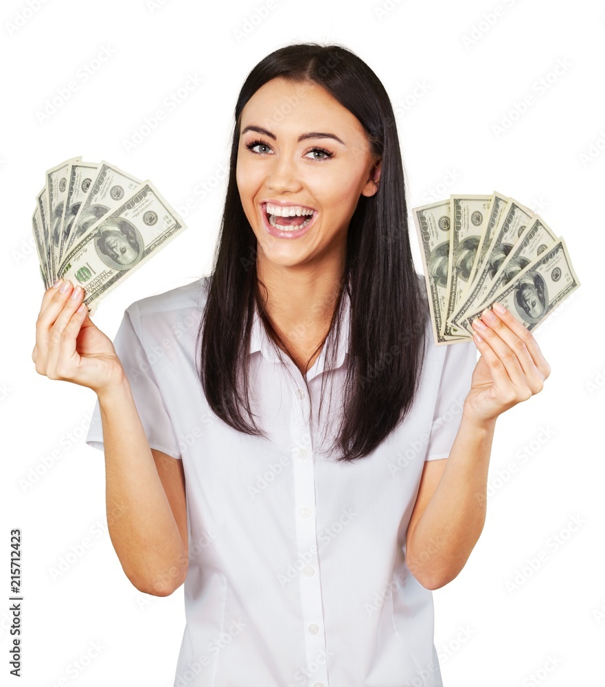 Happy Young Woman Holding Dollar Fans - Isolated Happy Young Woman Holding Dollar Fans - Isolated