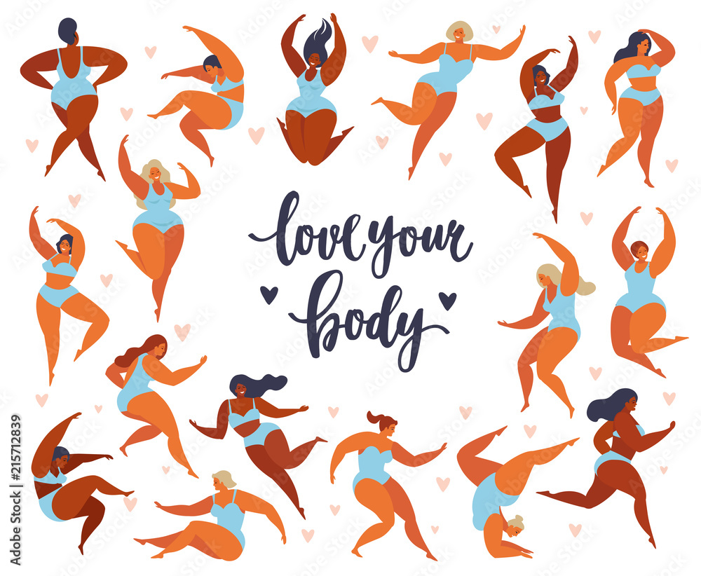 Feminism body positive set with love to own figure, female freedom, girl power isolated vector illustration.