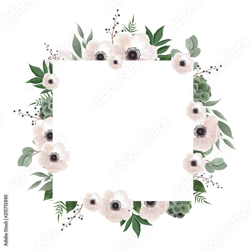 Floral wreath with green eucalyptus leaves, flower rose, anemone . Frame border with copy space eps10