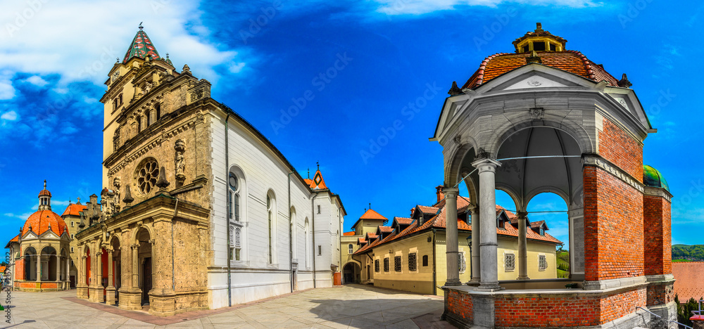 Naklejka premium Marija Bistrica panorama architecture. / Panorama of marble architecture in Marija Bistrica, famous marian shrine in Northern Croatia, Zagorje region.