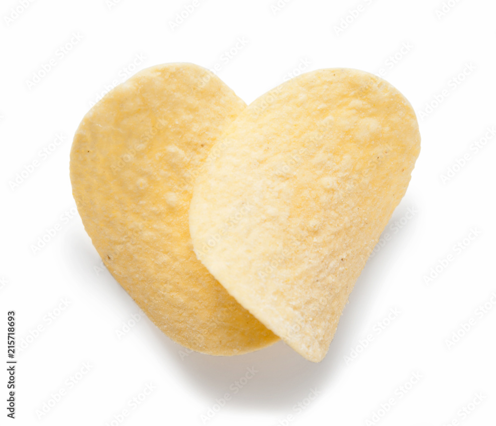 Potato chips isolated on white background, top view. I love chips. Potato chips isolated on white background, top view. I love chips.