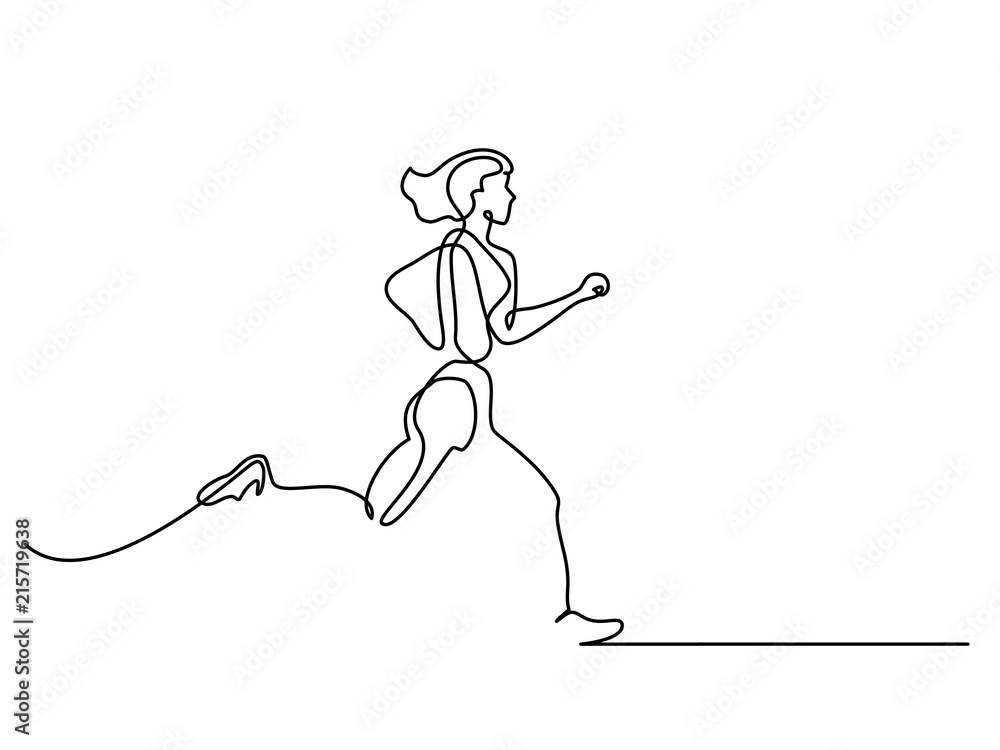 Continuous one line drawing. Sport running woman on white background. Vector illustration. Continuous one line drawing. Sport running woman on white background. Vector illustration.