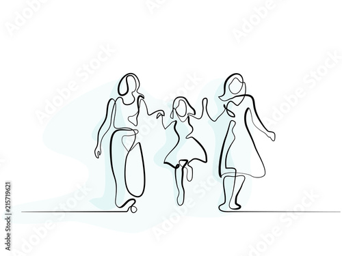 Continuous line drawing. Family with mother, grandmother and girl walking. Vector illustration