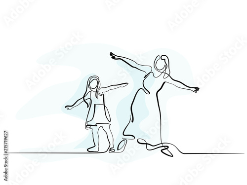 Continuous one line drawing. Family with mother and girl in fly. Vector illustration