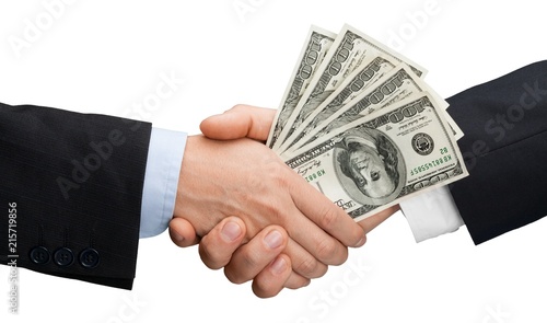 Close-up of business men hands holding money isolated on white