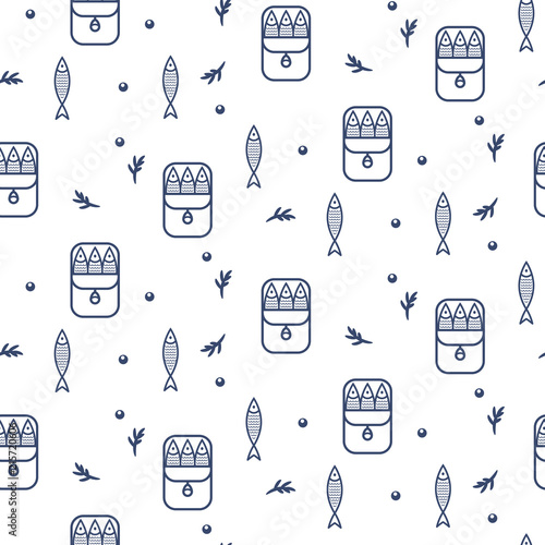 Canned sprats line icon seamless vector pattern.