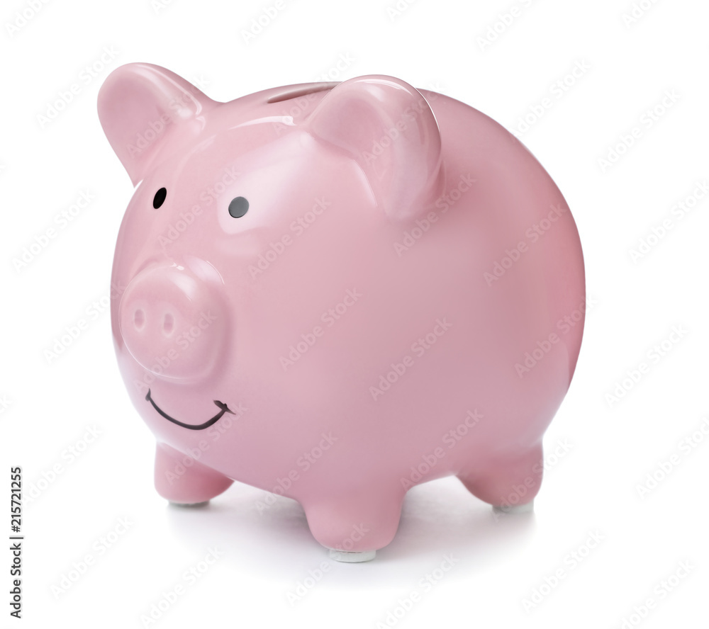 Pink piggy bank on white background. Money saving