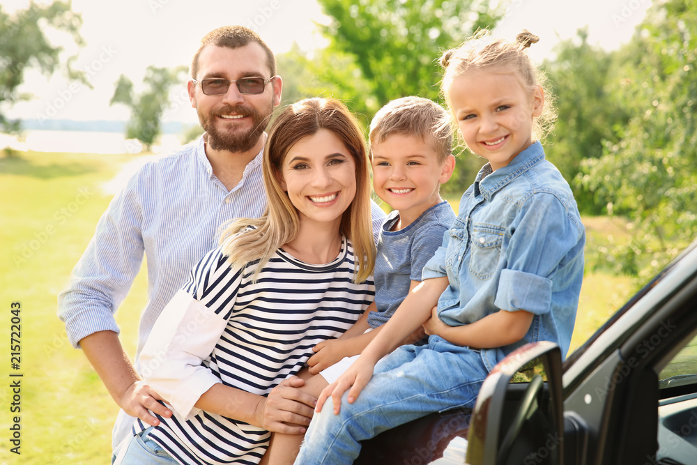 Happy family with children near car outdoors. Taking trip together Happy family with children near car outdoors. Taking trip together