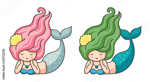 Cute lying dreamy mermaids with long hair. Cartoon characters. Vector illustration.