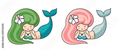 Cute mermaids with exotic flower in hair. Vector illustration.