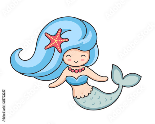 Pretty mermaid with starfish in hair. Cartoon cute character. Vector illustration.