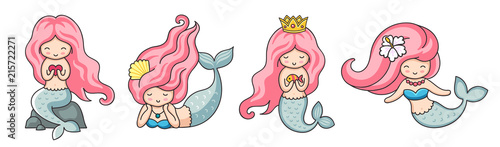 Set of beautiful mermaids with pink hair. Vector illustrations.