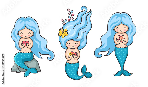 Collection of cute little mermaids with blue hair in different poses. Cartoon vector illustration.