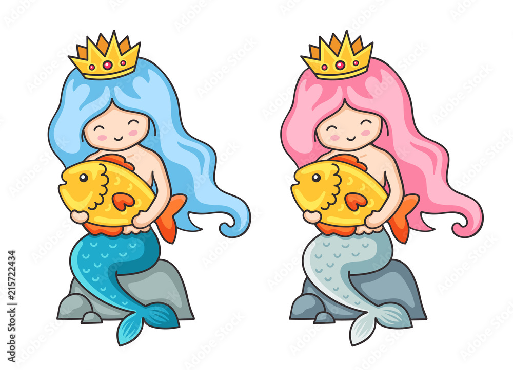 Beautiful mermaids with golden fish. Cute girls with blue and pink hair. Vector illustration. Beautiful mermaids with golden fish. Cute girls with blue and pink hair. Vector illustration.
