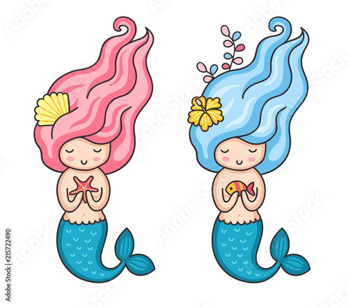 Mermaids with pink and blue hair. Vector illustration.