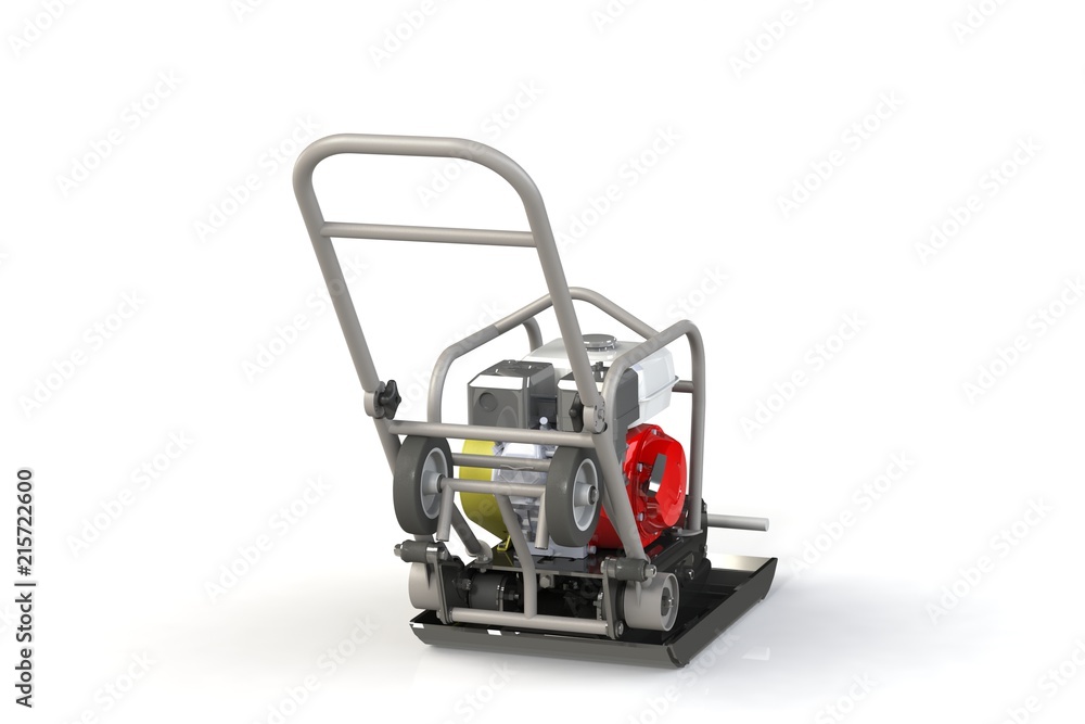 3D modeling of a construction vibration plate with a two-stroke internal combustion engine. 3D modeling of a construction vibration plate with a two-stroke internal combustion engine.