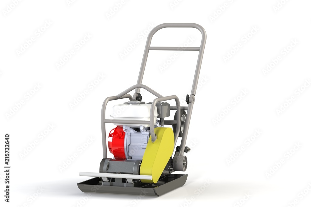 3D modeling of a construction vibration plate with a two-stroke internal combustion engine. 3D modeling of a construction vibration plate with a two-stroke internal combustion engine.