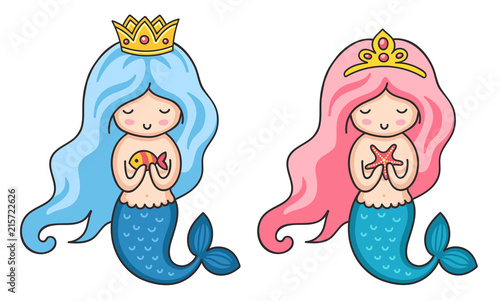 Cute little mermaids with long beautiful hair and crown. Vector illustration.