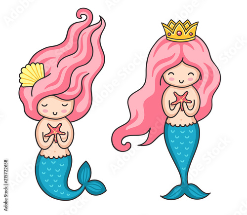 Cute little mermaids with pink hair. Vector illustration.