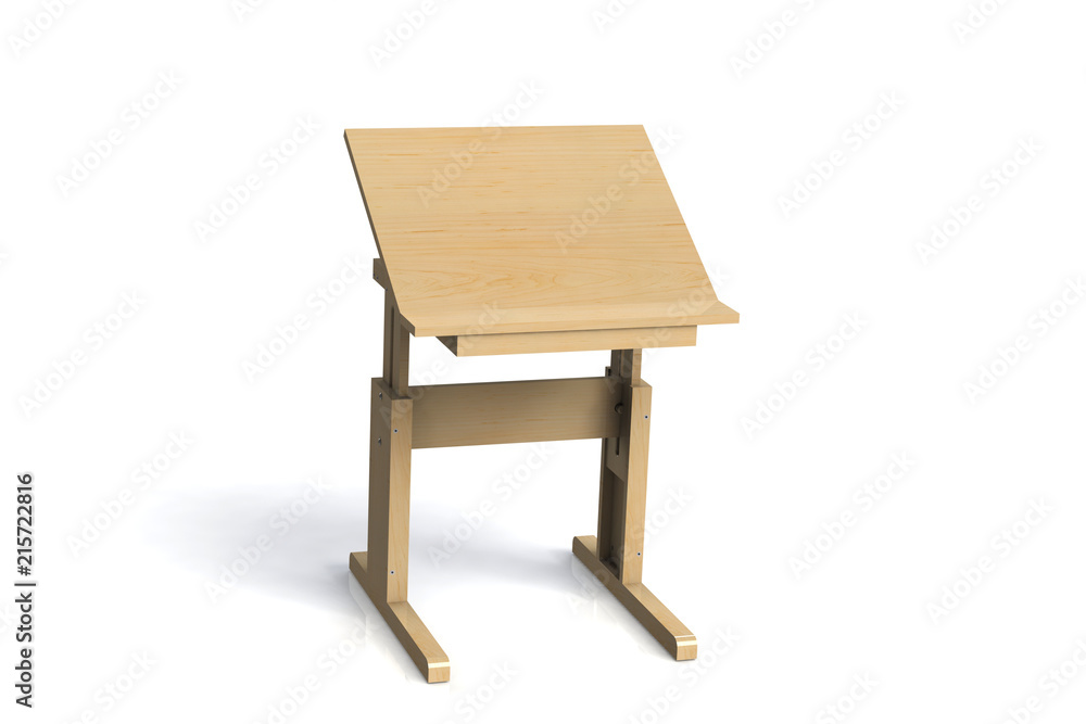 Children's small wooden table. School desk with adjustable height on a white background. Isolated. Children's small wooden table. School desk with adjustable height on a white background. Isolated.
