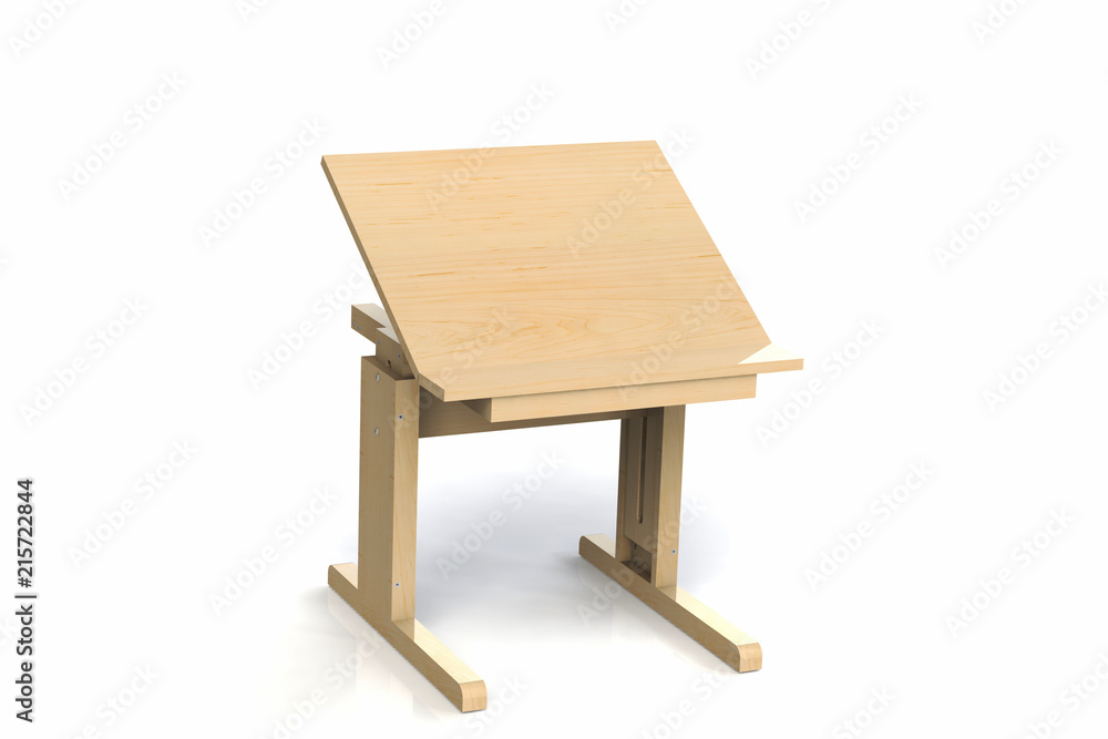 Children's small wooden table. School desk with adjustable height on a white background. Isolated. Children's small wooden table. School desk with adjustable height on a white background. Isolated.