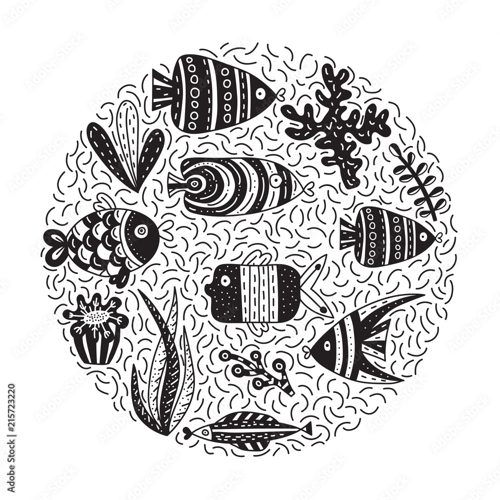 Doodle vector illustration with cute fishes and seaweeds.