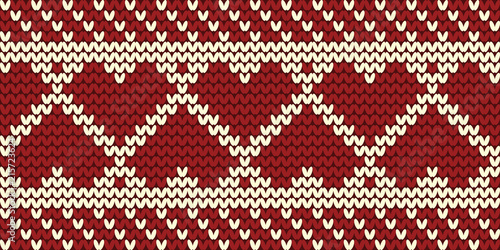 Knitted pattern on a red background. Ornament. Seamless border with hearts. It can be used as a winter background or a background for Valentine's Day. Vector illustration.