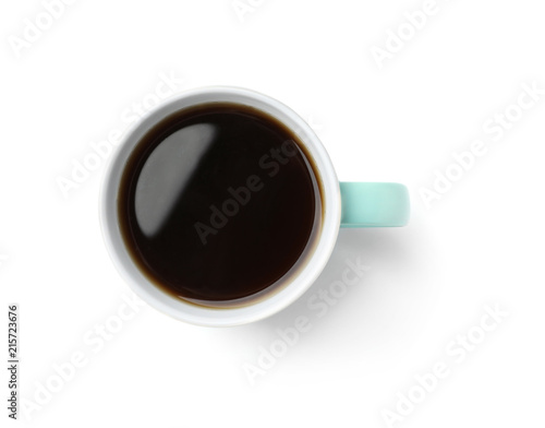 Ceramic cup with hot aromatic coffee on white background