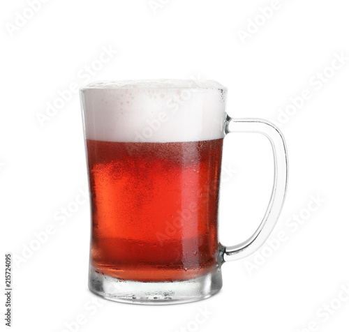 Glass mug with cold red beer on white background