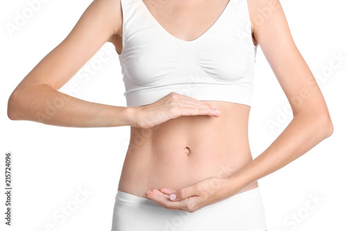 Young woman showing protective gesture on white background. Gynecology concept