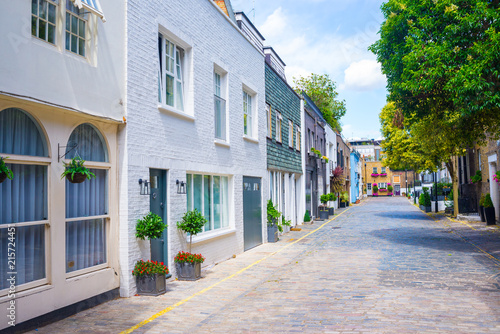Exclusive mews with colored luxury residential houses in Marylebone, a weatlhy borough of central London photo