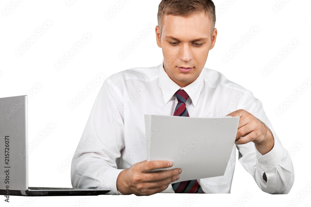 Young handsome business man with laptop isolated on white Young handsome business man with laptop isolated on white