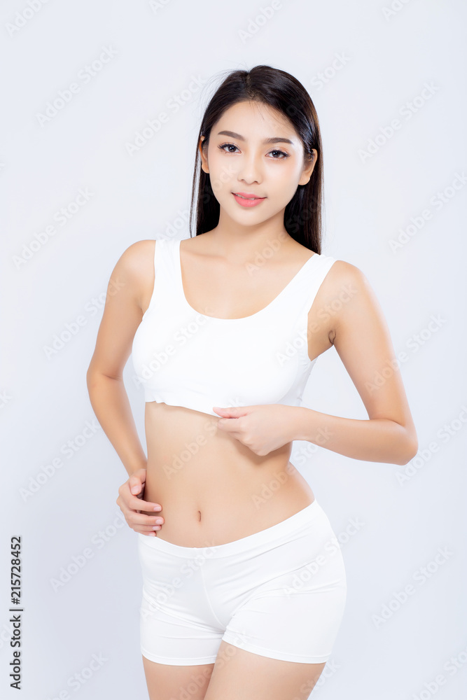 Portrait young asian woman smiling beautiful body diet with fit isolated on white background, model girl weight slim with cellulite or calories, health and wellness concept. Portrait young asian woman smiling beautiful body diet with fit isolated on white background, model girl weight slim with cellulite or calories, health and wellness concept.