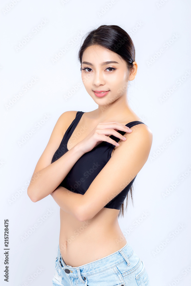 Portrait young asian woman smiling beautiful body diet with fit isolated on white background, model girl weight slim with cellulite or calories, health and wellness concept.
