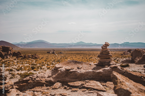Rock stack or cairn in the desert of the Eduardo Avaroa national park in Bolivia. These were used by indigenous people to mark boundaries / trails in the wilderness