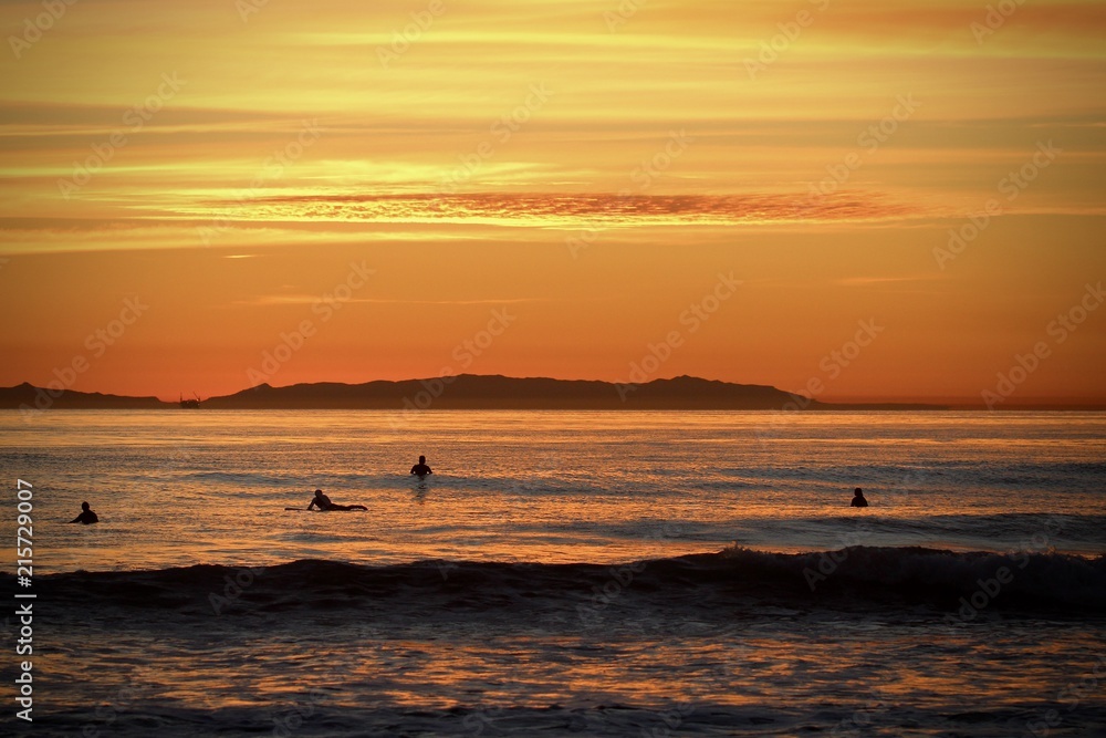 Fototapeta premium bright orange sunset over the ocean showing silhouettes of surfers waiting for waves 