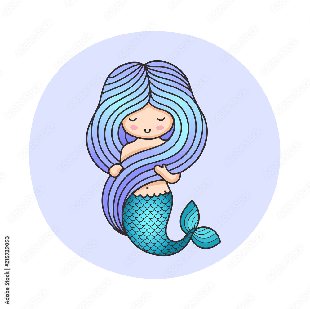 Little mermaid with long beautiful blue hair. Cartoon character for print,  poster, postcard. Stock Vector | Adobe Stock