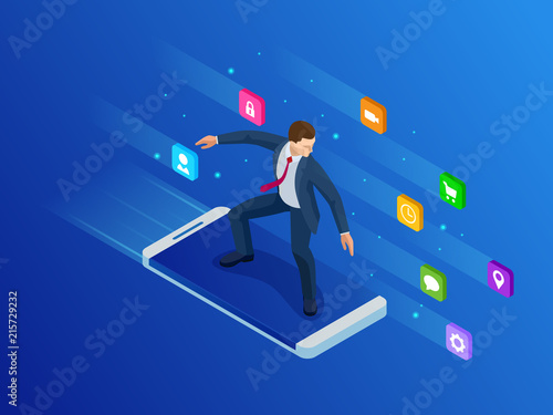 Isometric mobile phone and businessman. Virtual business Surfing. Smart and simple web interface with different apps and icons.